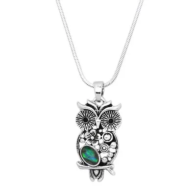 Owl Necklace Pendant Charm Abalone Shell Metal Flower Eyes Bird Jewelry • $12.99