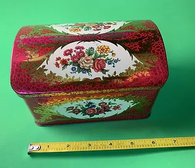 Vintage English Biscuit Toffee Tin Hinged Curved Lid 6.5” Magenta Pink Floral • $14