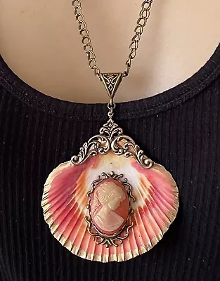 Victorian Seaside Necklace Cameo Scallop Shell Pendant Mermaid Core Jewelry • $28