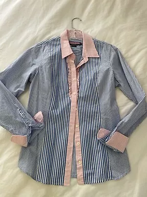 Vineyard Vines Blue/white Stripe Pink Trim L/s Button Front Shirt Women Size 10 • $20