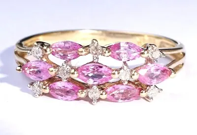 9ct Gold Marquise Pink Sapphire & Diamond Cluster Ring Size Q • $279.75