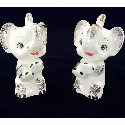 Vintage Kitsch White Elephant Figurines Set Of 2 Hand Painted Japan Trunks Up • $21.95