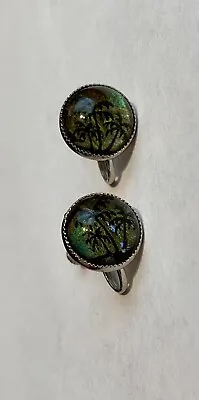 Vintage Acrylic Palm Tree Cabochon Screw Back Earrings Silver Tone Opalescent • $6