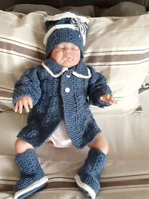 £12 • Buy Baby Boy  Jacket Hat And Booties Set In Denim Blue And White To Fit 0 - 3 Months