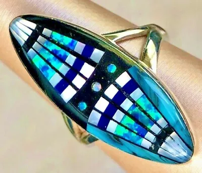 Blue Twinkling OPAL Elongated Long Faberge Easter Egg Ladies Ring 6 Sterling M • $215.82