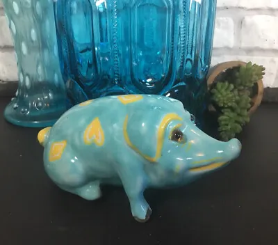 Vtg Majolica Ceramic Pottery Pig Turquoise Figurine France 1942 Glass Eyes • $130