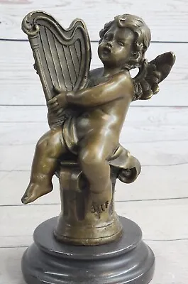 Cherub Angel Playing The Harp Bronze Sculpture Hot Cast Hand Made Statue Figure • $99.50