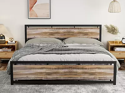 King Size Metal And Wood Bed Frame/Industrial Platform Bed With Wooden Headboard • $295.99