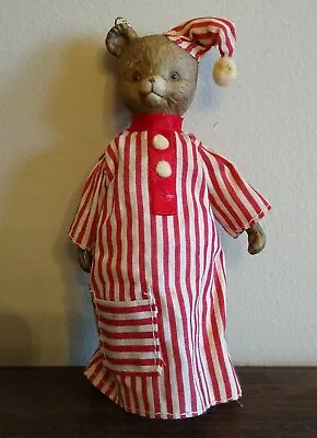 Vintage Silvestri Teddy Bear Christmas Ornament Red White Striped Pajamas & Cap • $16.95