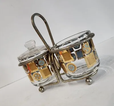Vtg MCM C Jeanette Glass Condiment  Lid Jars Turquoise Gold Gilt Caddy *B • $12.99