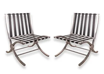 Pair Of Art Deco Aluminum And Black Barcelona Style X Framed Sleek Lounge Chairs • $2400