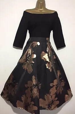 £75 • Buy Stunning Coast Black Bardot Gold Floral Jacquard Fitflare Dress Midi Size 16 /14