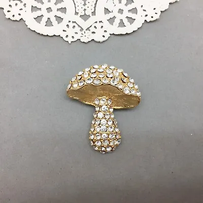 Rhinestone Mushroom Brooch Pin Gold Tone 1.75  Clear Gem Fungi • $14.97