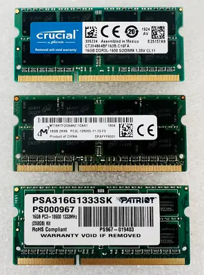 16GB DDR3L RAM 1600 PC3 Mixed Brands Crucial Micron Laptop Memory Single Stick • £89.99