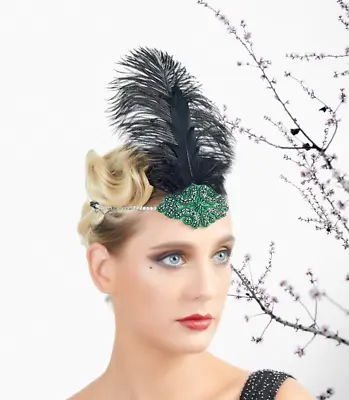 1920s Flapper Green Headband Feather Beaded Headpiece Roaring 20s Gatsby Party • $9.99