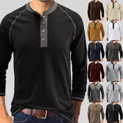 Mens Henley Shirts Tops Casual Long Sleeve Grandad Button Neck T Shirt Blouse 44 • £2.69