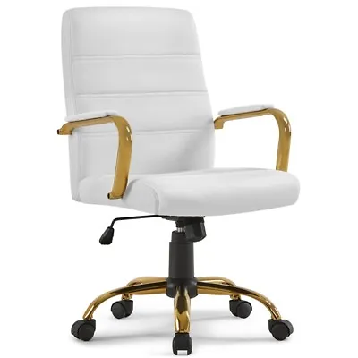 Faux Leather Mid Back Office Chair Executive Swivel Chair White Seat Gold Leg • $99.99