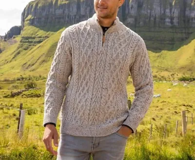 The Irish Store Men's Beige 100% Merino Wool Cableknit Fisherman Sweater XL • $38