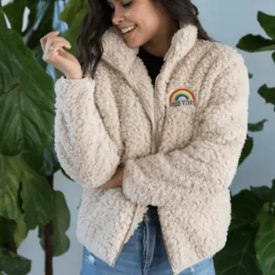 Sub Urban Riot Good Vibes Rainbow Cream Teddy Zip Up Jacket Youth Size M • $40.44