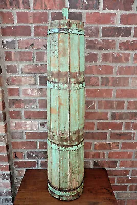 $175 • Buy Early Farmhouse Primitive Wooden Butter Churn Metal Bands Original Green Paint