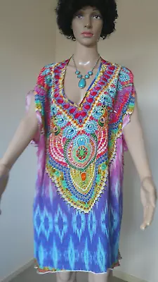Inoa  Kaftan  Beaded Top Dress.  Size X/l 18 To 20.  Short Sleeves   100% Silk. • $40