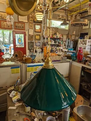 Mid Century Brass Pendant Light With Green Glass Shade • $285