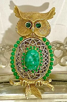 VTG Brooch Large Owl Green Rhinestone Eyes With Green Stone Belly Gold Tone • $18.50