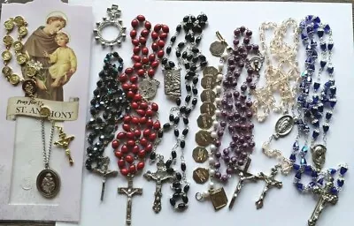 Vtg Lot Rosary Beads Blue Blk Glass Wood Saints Medals Crucifix Bracelet  • $15.50