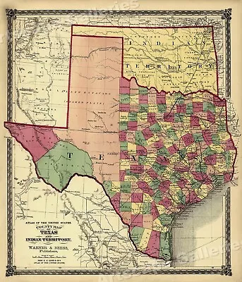 1875 County Map Of Texas Counties And Indian Territory - 20x24 • $16.95