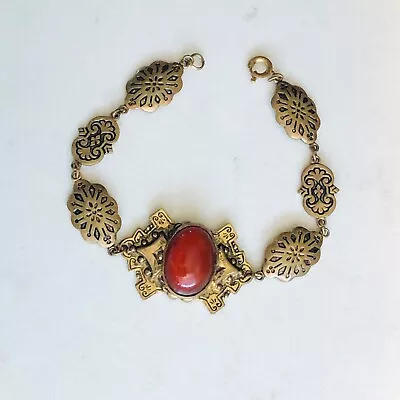 Vintage Victorian Revival Bracelet W/red Glass Cabochon Center Stone • $14.99