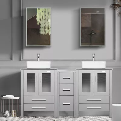 60  Bathroom Vanity Set Gray Ceramic Vessel Sink Modern W/ Faucet Mirror Combo • $819.99