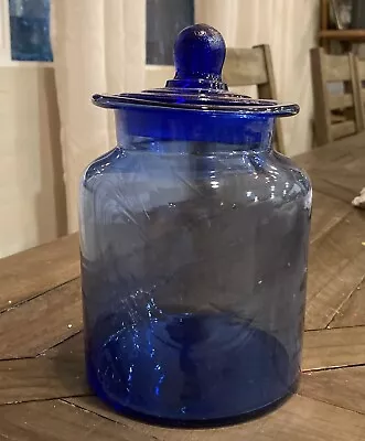 Vintage Takahashi Cobalt Blue Blown Glass Apothecary 8.5” Jar Canister • $32
