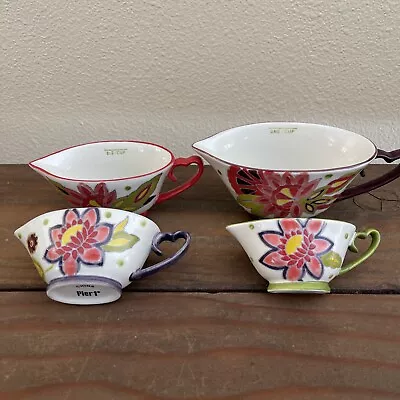 Pier 1 Heart Handle Hand Painted Ceramic Measuring Cups Unique Kitchen Ware • $19.99