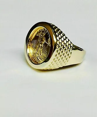Vintage Men's 20 Mm Coin Ring With American Eagle 14K Yellow Gold Finish • $251.99