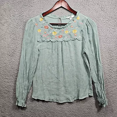 MINE Teen L Green Top Floral Embroidered Boho Blouse • $10.88