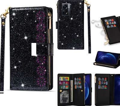 $12.50 • Buy Oppo A57s 5g Case Glitter Leather Triple Wallet 9 Card 2 Pocket Zip Lanyard