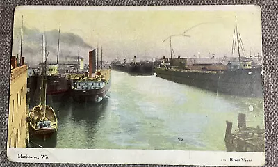 Manitowoc WI River View Boats Ships Printed Postcard Wisconsin 1908 Postmark • $3.99