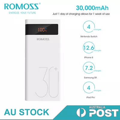 $42.99 • Buy ROMOSS 30000mAh Power Bank USB-C PD QC3.0 18W 3USB Fast Charge Portable Battery