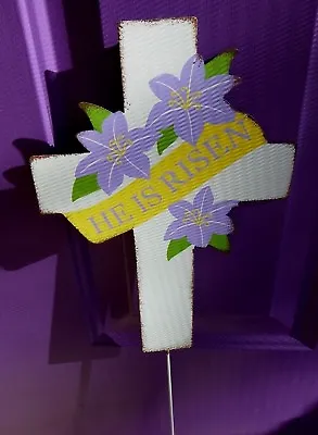 Cross He Has Risen Metal Cross Purple Lilly's Marker Yard Art Garden Stake • $12.99