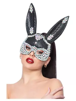 Fever Black Jewel Sequin Rabbit Mask Ladies Sexy Bunny Rabbit Fancy Dress Mask • £14.99