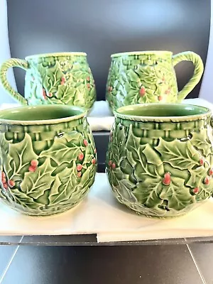 Set Of (4) Vintage ‘bordallo Pinheiro’ Christmas Holly Mugs • $39.96