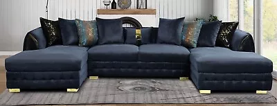 NEW Contemporary 130  U-Shaped Modern Black Velvet Sectional Gold Legs 9 Pillows • $1999.99