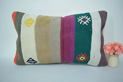 Turkish Handmade Lumbar Pillow Cover 12x20in Antique Multicolor Kilim Pillow • $35