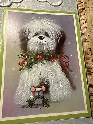 Vtg Christmas Card Dog Black White Fluffy Long Hair Mouse Maltese F Massy • $4.99