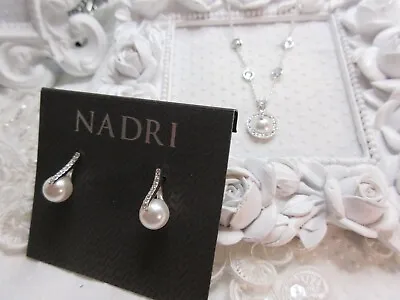 NEW Nadri Rhodium Plated Simulated Pearl Confetti CZ Necklace & Earrings Set • $100