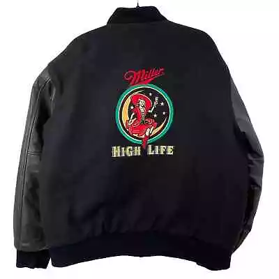 Miller High Life Leather Wool Varsity Jacket XL Vintage Black Girl Moon Bomber  • $299.75