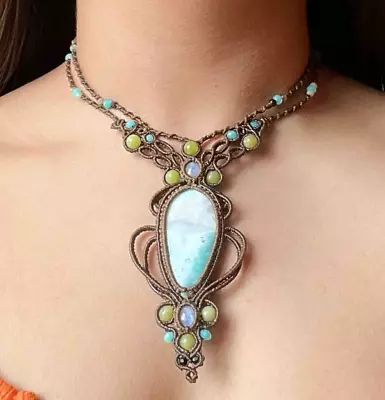 Handmade Natural Dominican Larimar Bohemian Micro Macrame Reiki Choker Necklace • $49.95