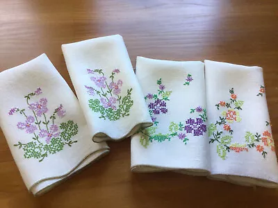 Four Vintage Hand Embroidered Floral Pattern 100%% Linen Tea Towels • $11