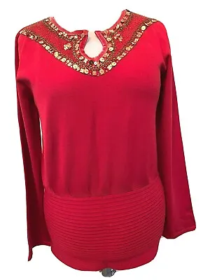 NWOT MY FAVORITE THINGS Colleen Lopez RED Embellished Top 1X Knit Sequins • $26.99