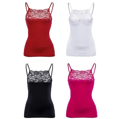 Ladies Plain Cotton Vest Top Lace Trim Neck Design Cami Strappy Camisole 5010 • £6.99